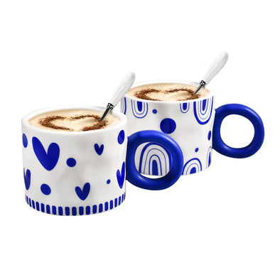 13 Ounce Fancy Set of 2 Blue Coffee Mugs with Spoons