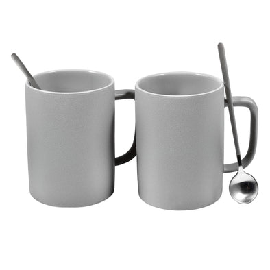 Set of 2 Grey Ceramic Coffee Tea Mugs with Little Stainless Steel Spoons