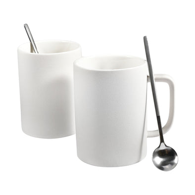 Matte Finish White Coffee Mug Set 13.5 oz, 2 Cups and 2 Spoons