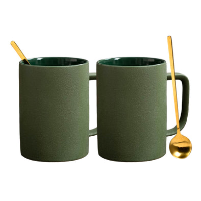 2 Green Coffee Mugs Restaurant Drinking Tea Cup and Small Spoons