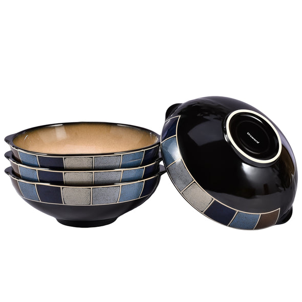 Black Frame 4 Pack Ceramic Large Wide Bowls with Double Grips