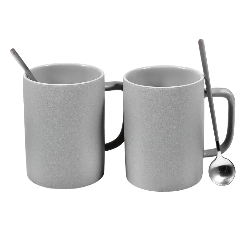 Set of 2 Grey Ceramic Coffee Tea Mugs with Little Stainless Steel Spoo