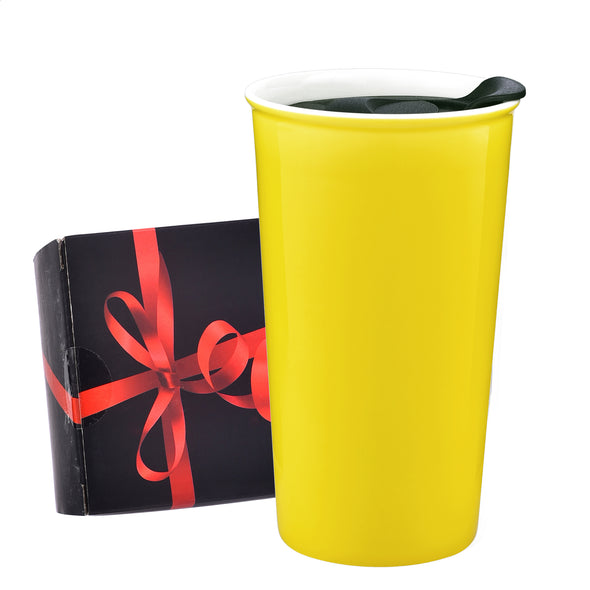 fMSDD Travel Coffee Mug Fits in Car Cup Holder, Recycled Double Wall Hot Coffee Travel Cup with Lid 12 oz, Yellow